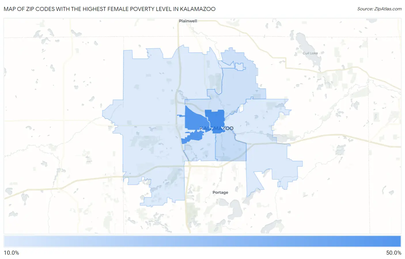 Zip Codes with the Highest Female Poverty Level in Kalamazoo Map