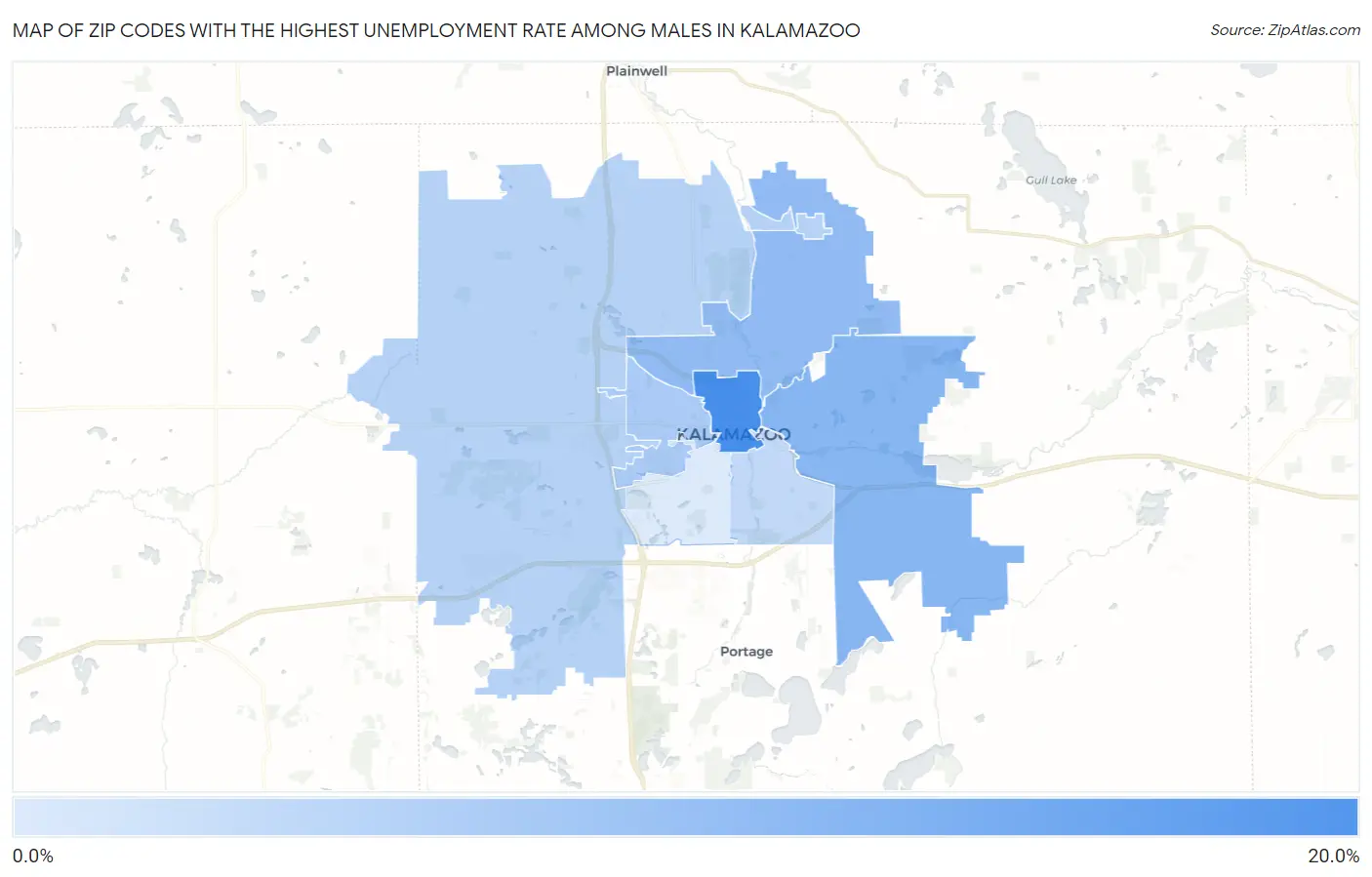 Zip Codes with the Highest Unemployment Rate Among Males in Kalamazoo Map