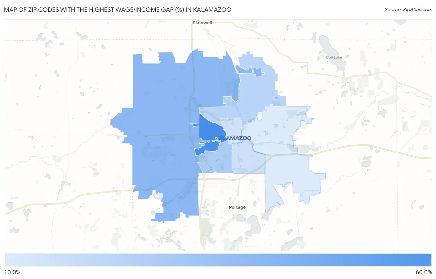 Zip Codes with the Highest Wage/Income Gap (%) in Kalamazoo Map