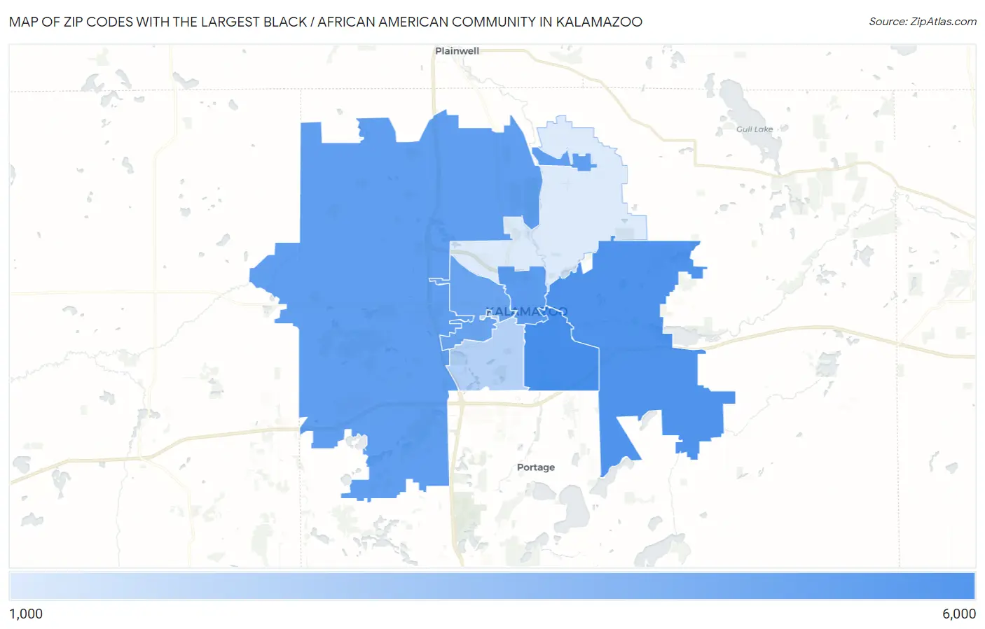 Zip Codes with the Largest Black / African American Community in Kalamazoo Map