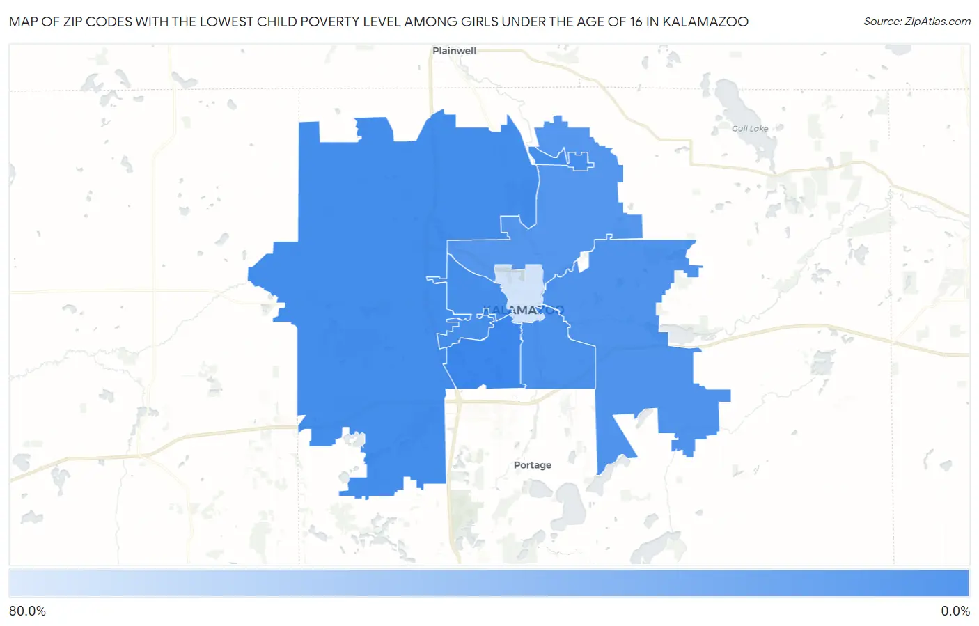 Zip Codes with the Lowest Child Poverty Level Among Girls Under the Age of 16 in Kalamazoo Map