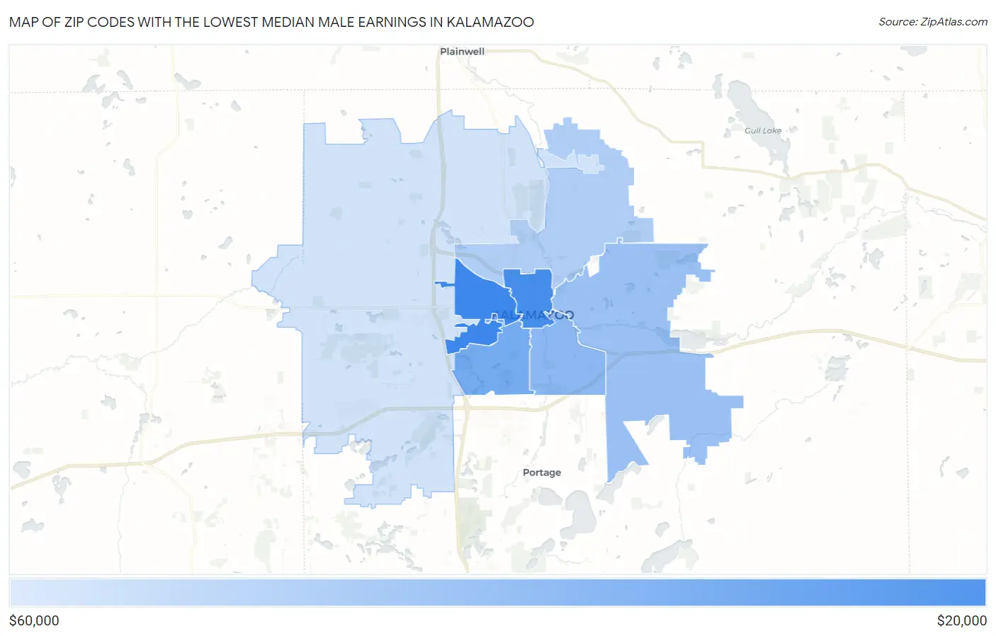 Zip Codes with the Lowest Median Male Earnings in Kalamazoo Map