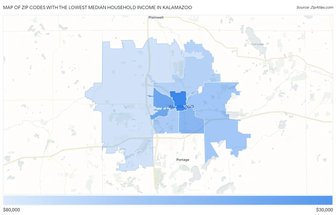 Zip Codes with the Lowest Median Household Income in Kalamazoo Map
