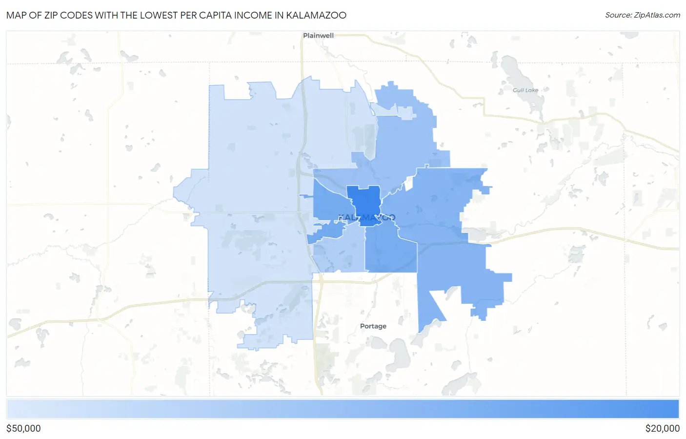 Zip Codes with the Lowest Per Capita Income in Kalamazoo Map