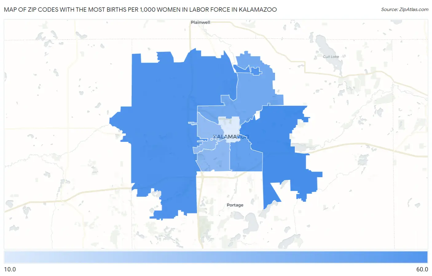 Zip Codes with the Most Births per 1,000 Women in Labor Force in Kalamazoo Map
