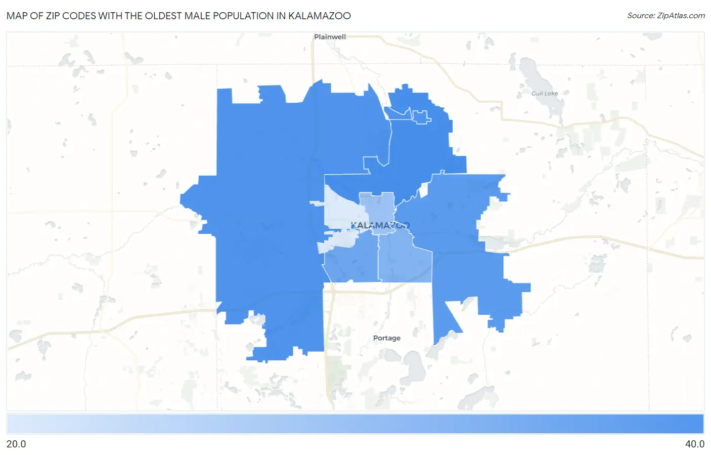 Zip Codes with the Oldest Male Population in Kalamazoo Map
