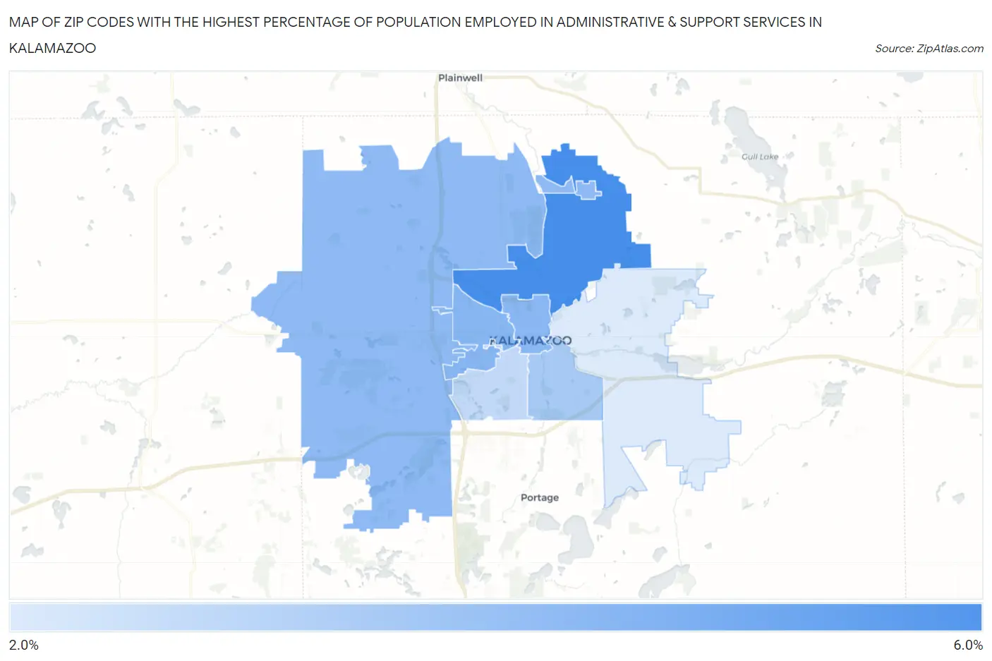 Zip Codes with the Highest Percentage of Population Employed in Administrative & Support Services in Kalamazoo Map