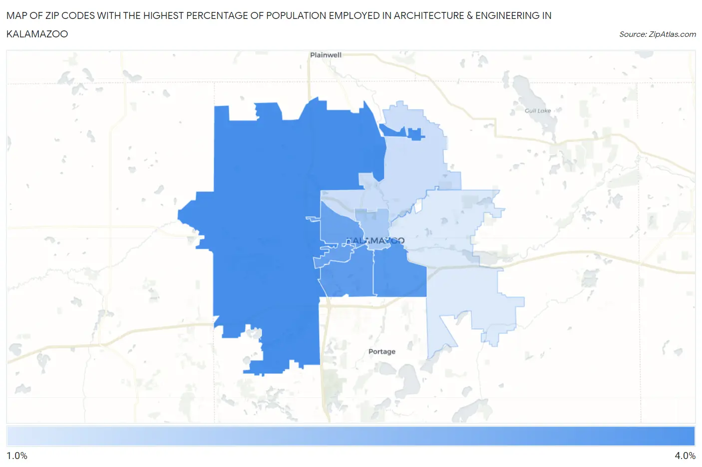 Zip Codes with the Highest Percentage of Population Employed in Architecture & Engineering in Kalamazoo Map