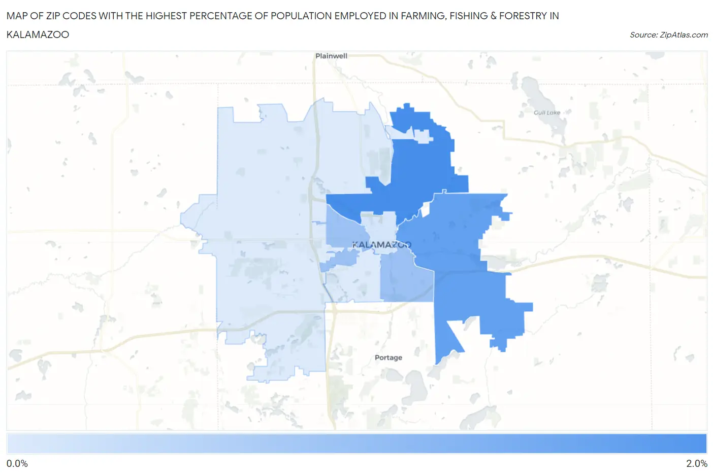 Zip Codes with the Highest Percentage of Population Employed in Farming, Fishing & Forestry in Kalamazoo Map
