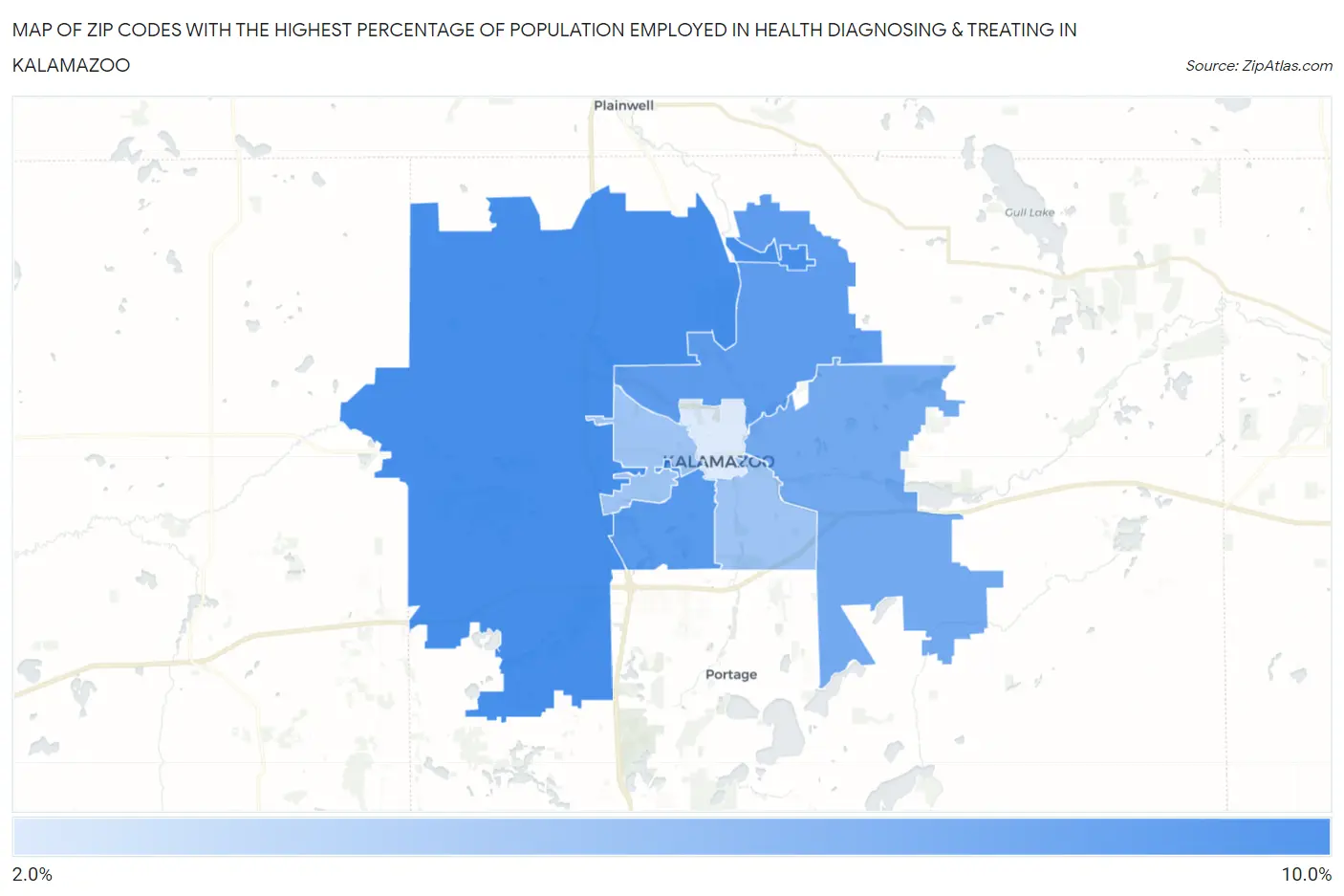 Zip Codes with the Highest Percentage of Population Employed in Health Diagnosing & Treating in Kalamazoo Map