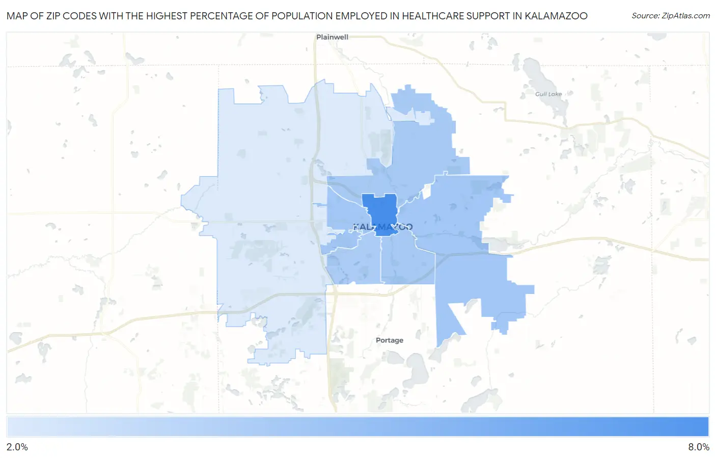 Zip Codes with the Highest Percentage of Population Employed in Healthcare Support in Kalamazoo Map
