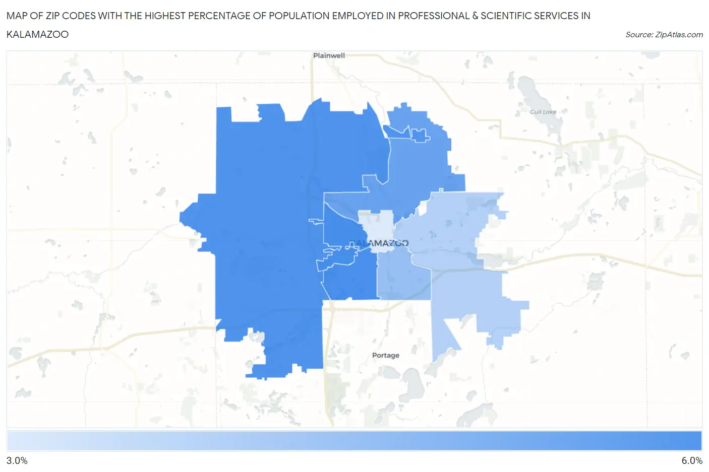 Zip Codes with the Highest Percentage of Population Employed in Professional & Scientific Services in Kalamazoo Map