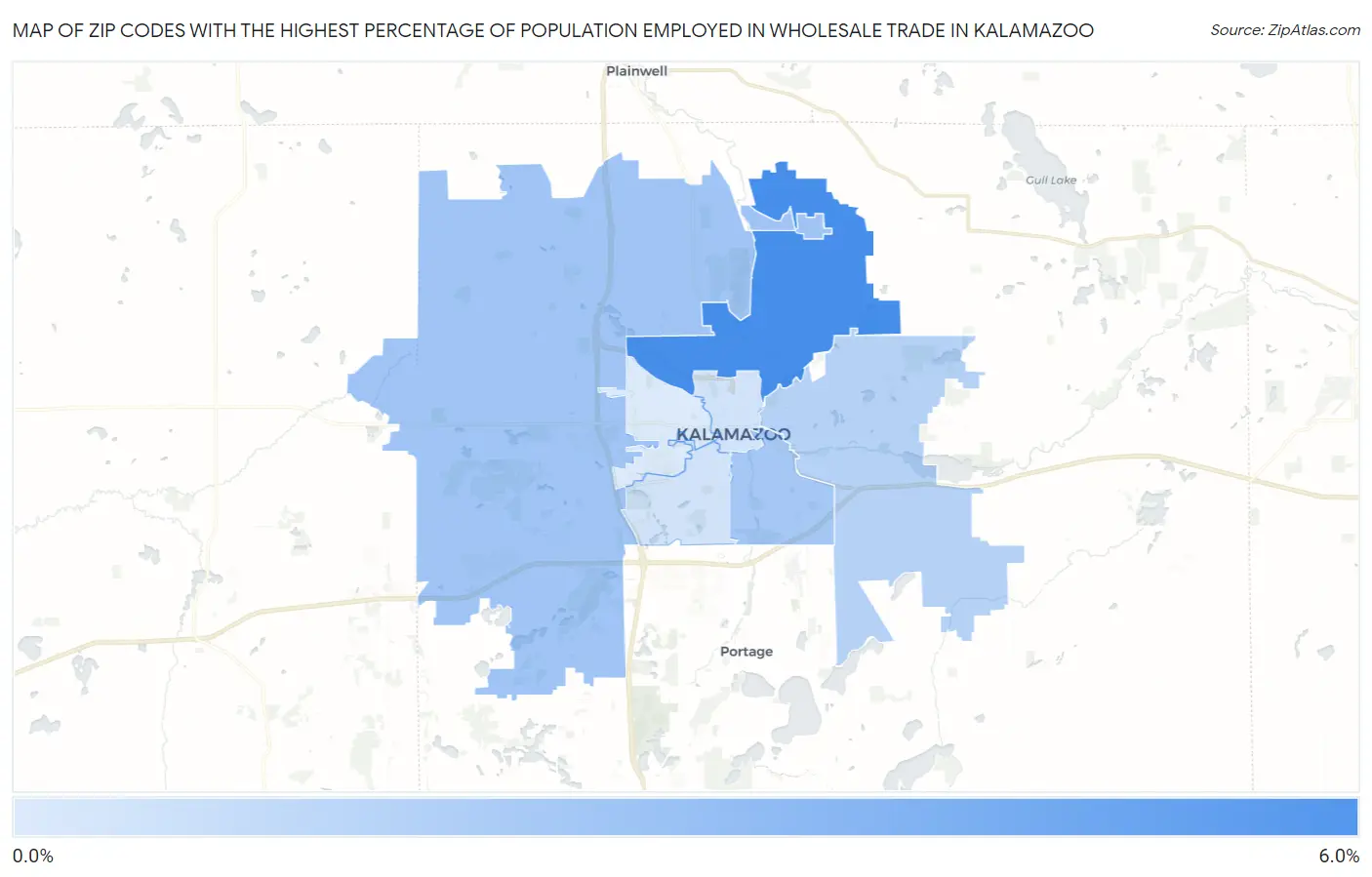 Zip Codes with the Highest Percentage of Population Employed in Wholesale Trade in Kalamazoo Map