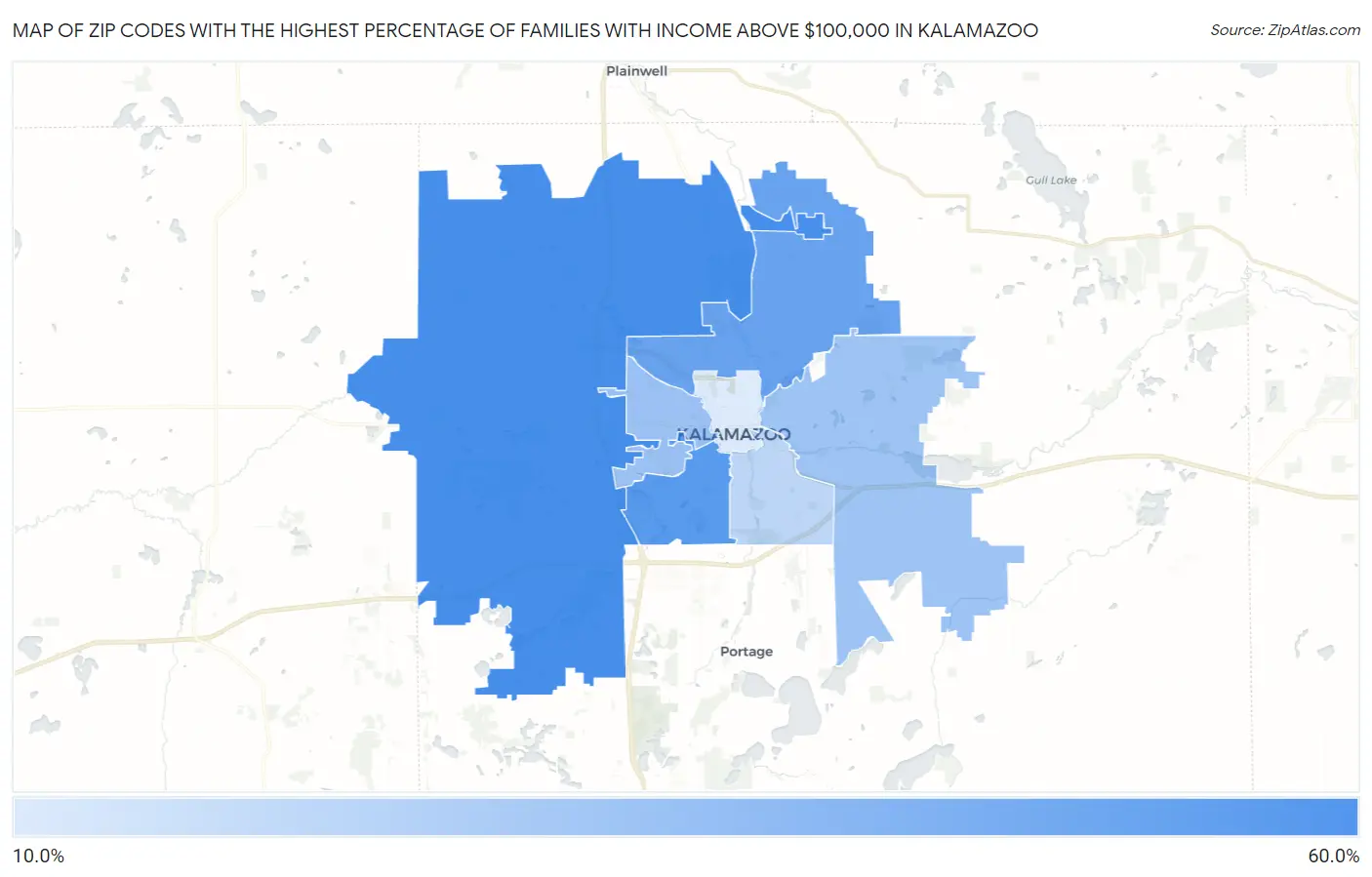 Zip Codes with the Highest Percentage of Families with Income Above $100,000 in Kalamazoo Map