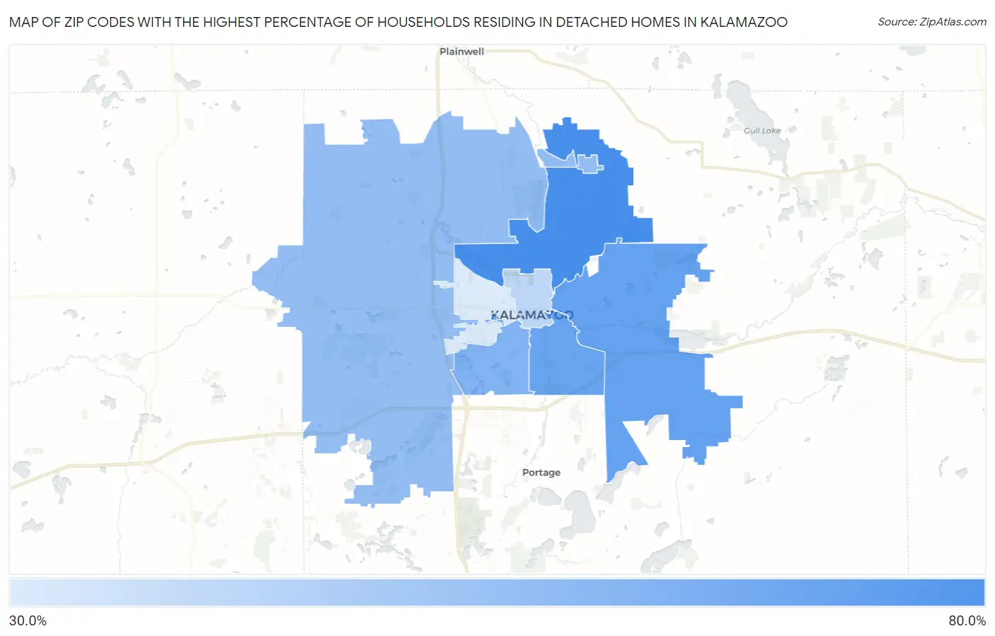 Zip Codes with the Highest Percentage of Households Residing in Detached Homes in Kalamazoo Map