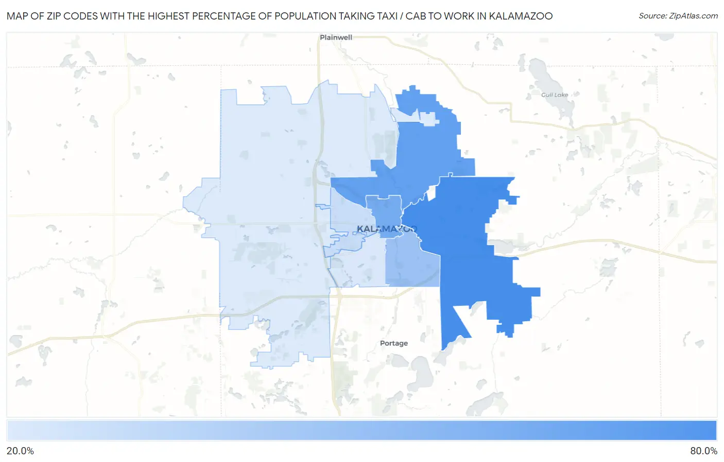 Zip Codes with the Highest Percentage of Population Taking Taxi / Cab to Work in Kalamazoo Map