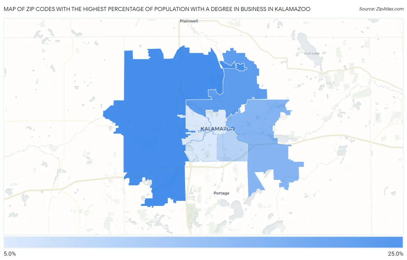 Zip Codes with the Highest Percentage of Population with a Degree in Business in Kalamazoo Map