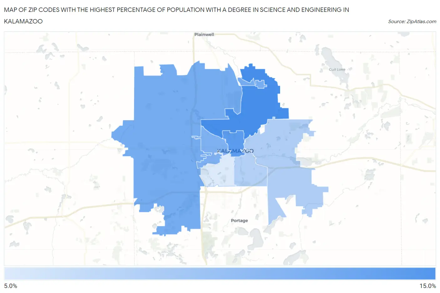 Zip Codes with the Highest Percentage of Population with a Degree in Science and Engineering in Kalamazoo Map