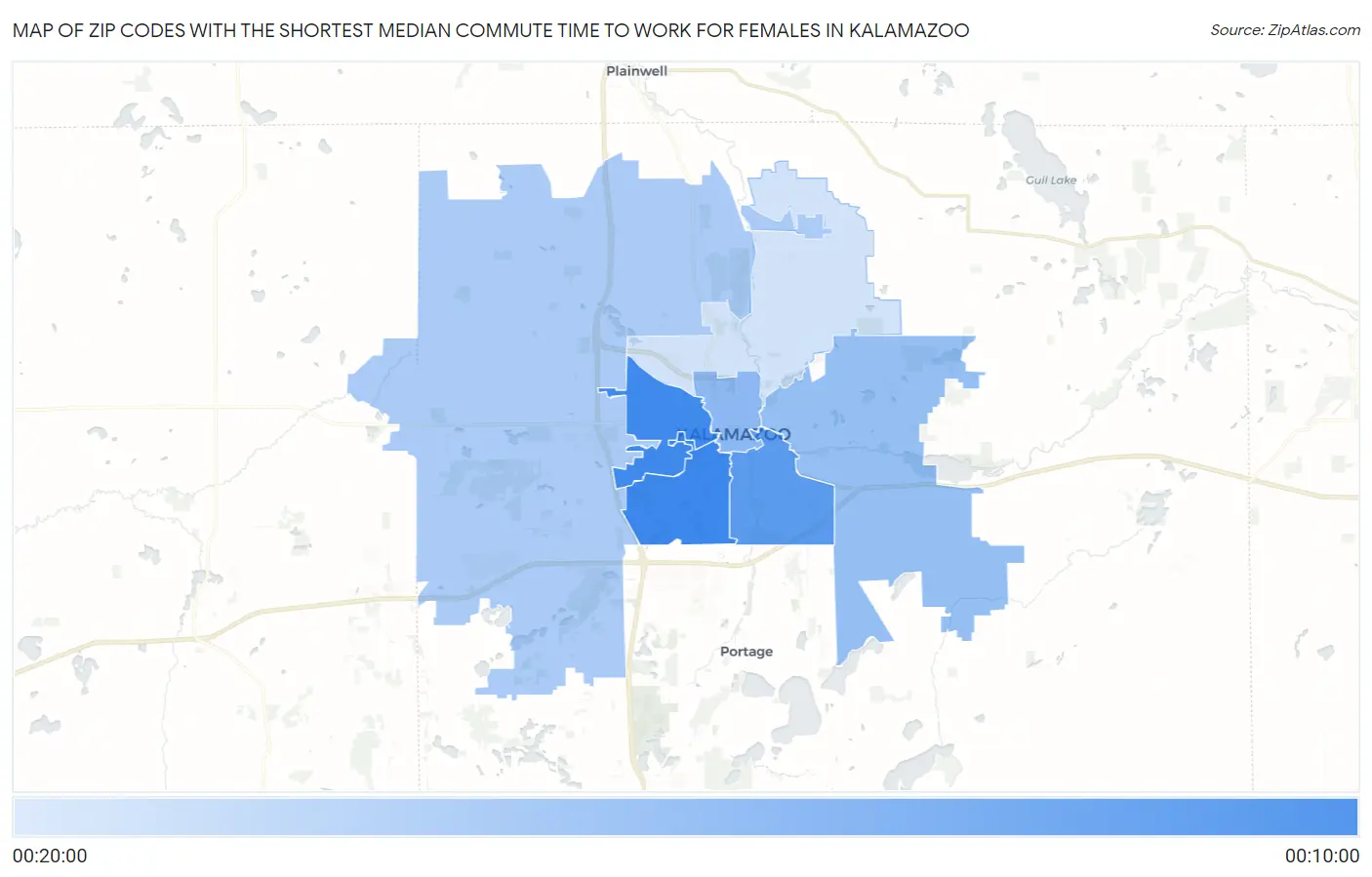 Zip Codes with the Shortest Median Commute Time to Work for Females in Kalamazoo Map