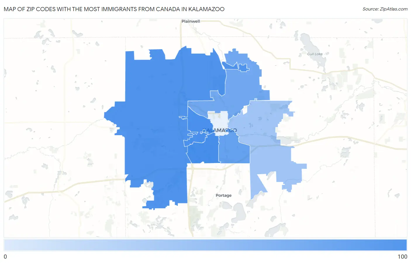 Zip Codes with the Most Immigrants from Canada in Kalamazoo Map
