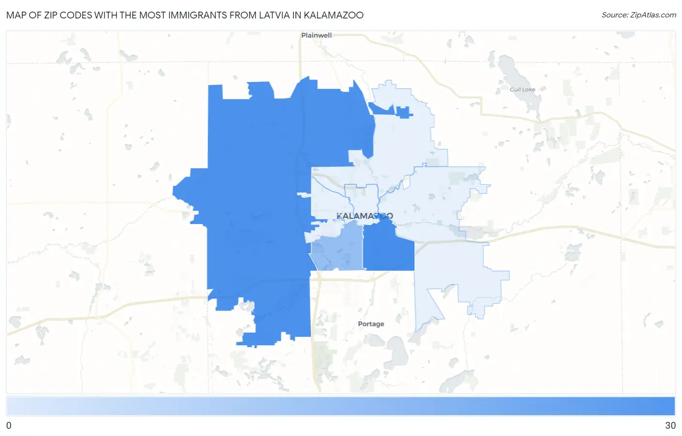 Zip Codes with the Most Immigrants from Latvia in Kalamazoo Map