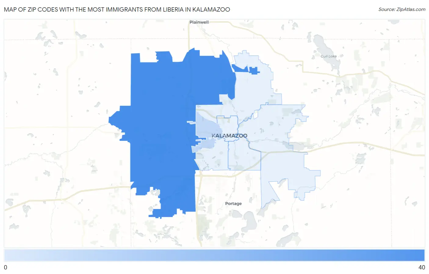 Zip Codes with the Most Immigrants from Liberia in Kalamazoo Map