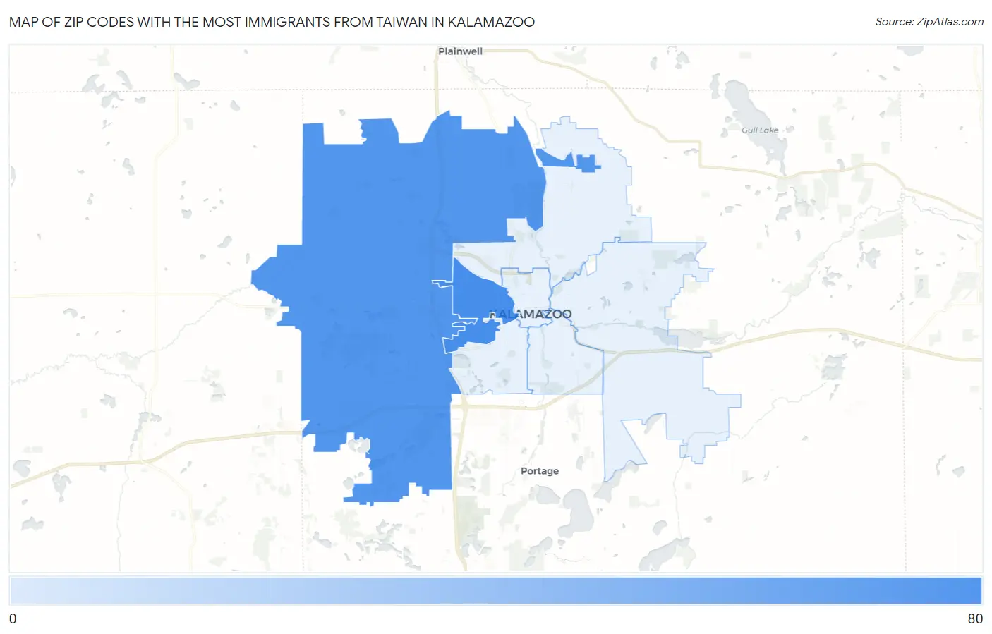 Zip Codes with the Most Immigrants from Taiwan in Kalamazoo Map