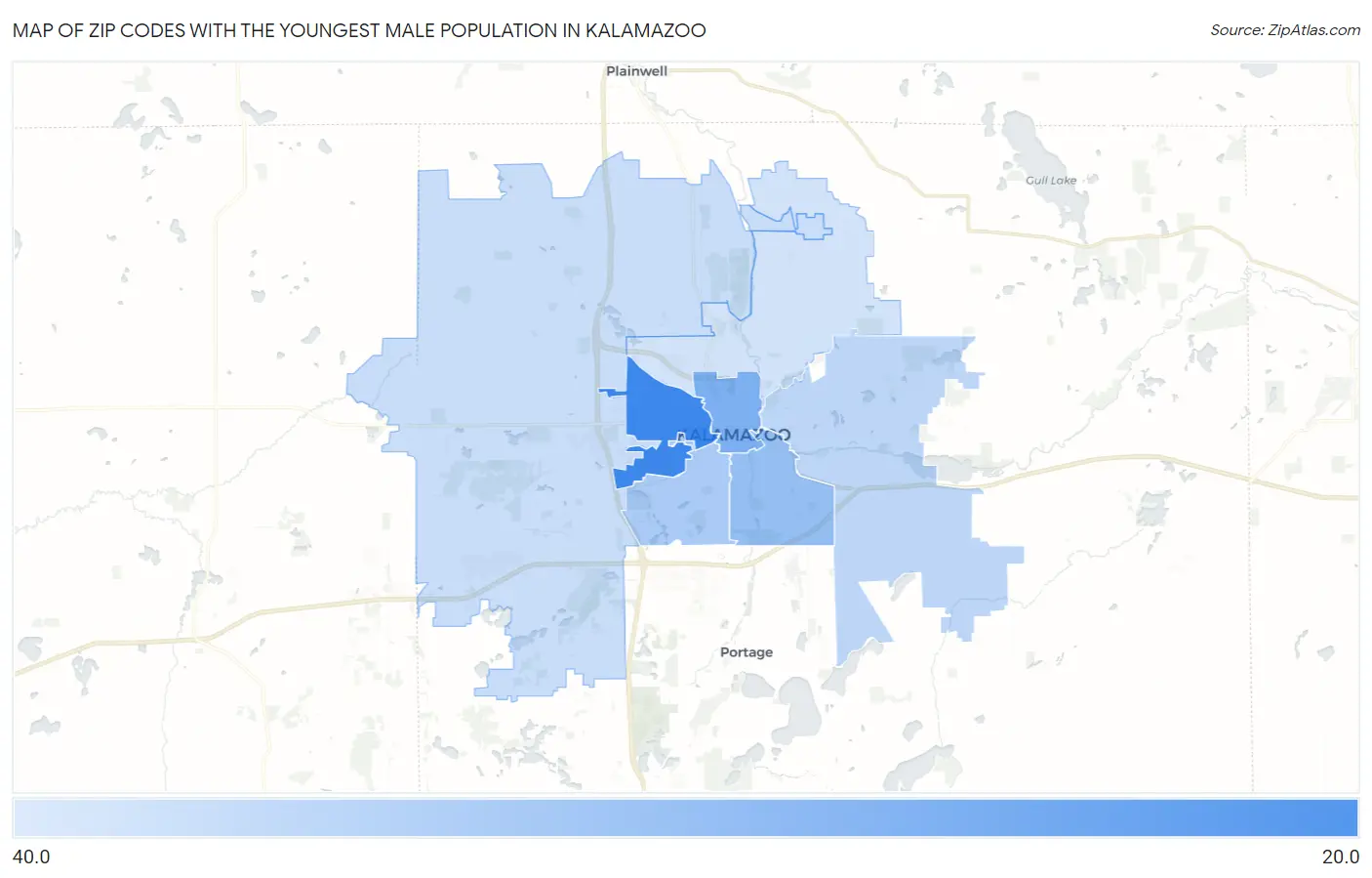 Zip Codes with the Youngest Male Population in Kalamazoo Map