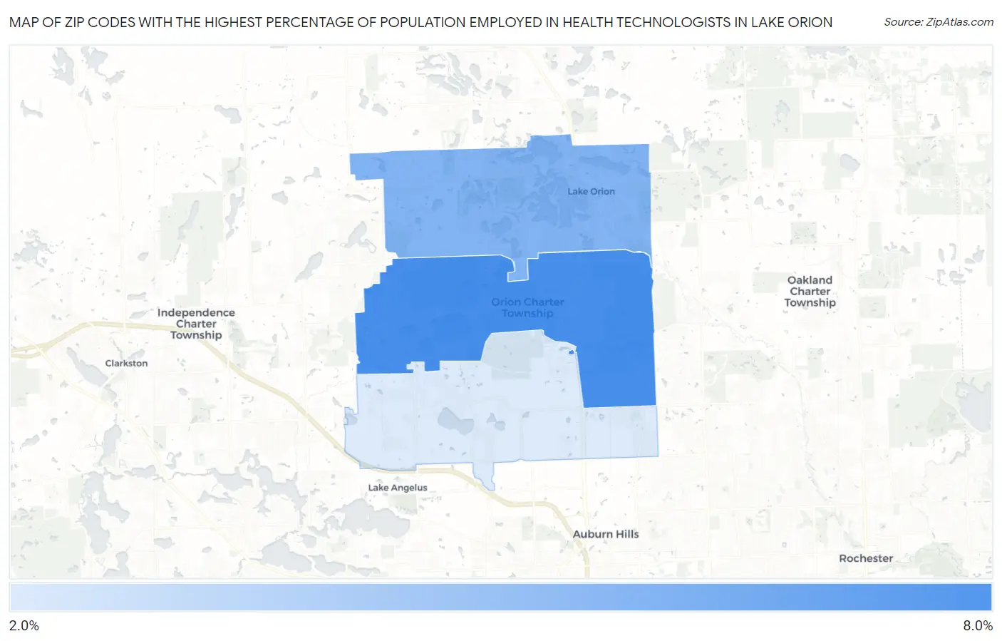 Zip Codes with the Highest Percentage of Population Employed in Health Technologists in Lake Orion Map