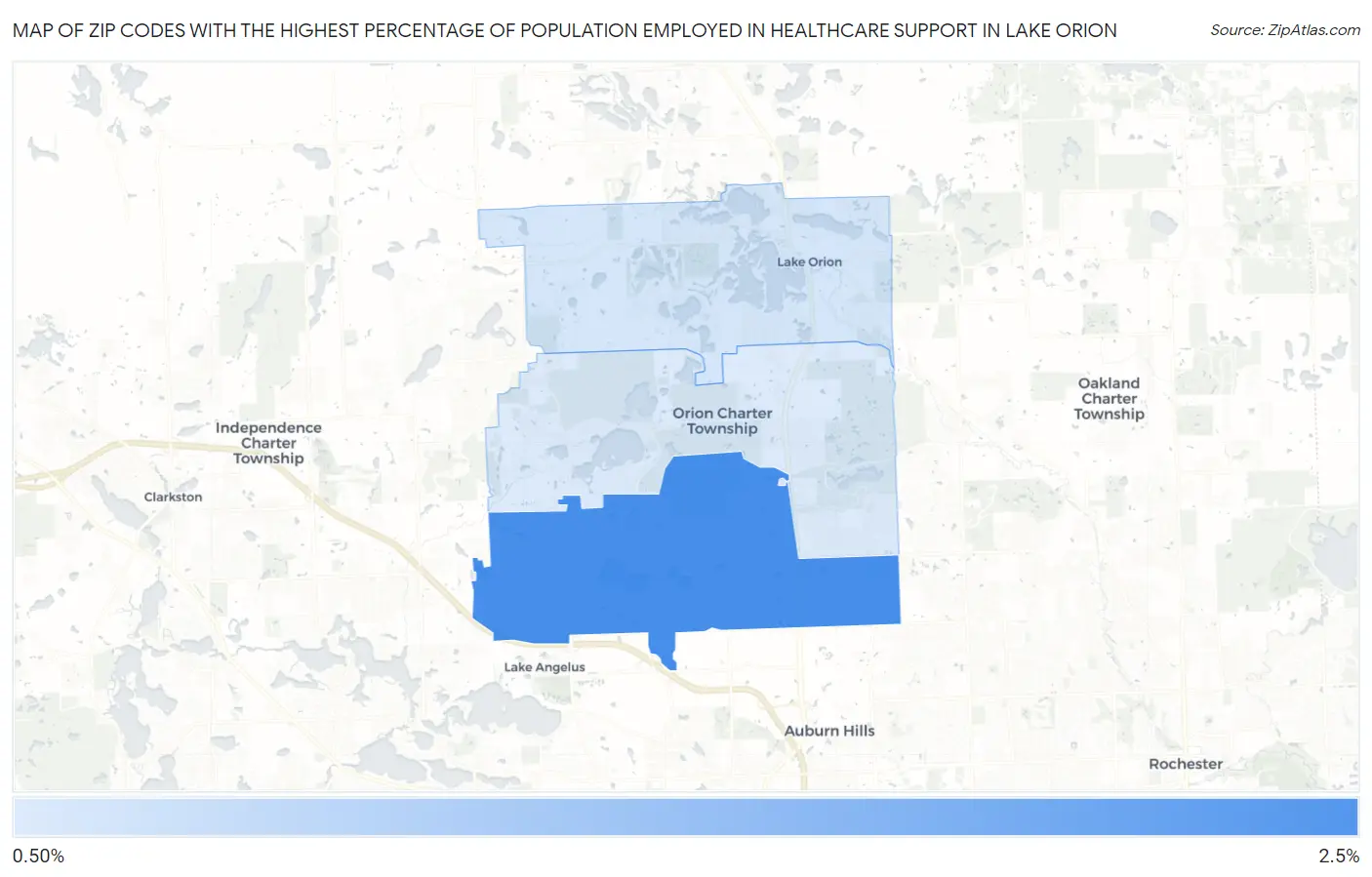 Zip Codes with the Highest Percentage of Population Employed in Healthcare Support in Lake Orion Map