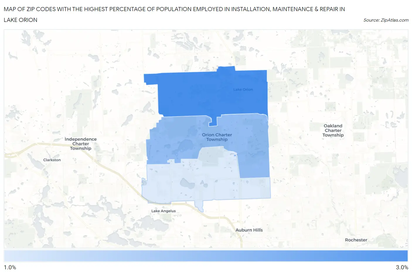 Zip Codes with the Highest Percentage of Population Employed in Installation, Maintenance & Repair in Lake Orion Map