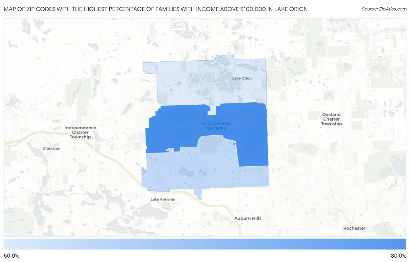 Zip Codes with the Highest Percentage of Families with Income Above $100,000 in Lake Orion Map