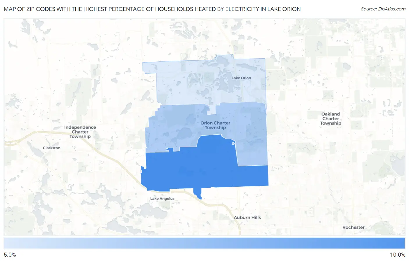 Zip Codes with the Highest Percentage of Households Heated by Electricity in Lake Orion Map
