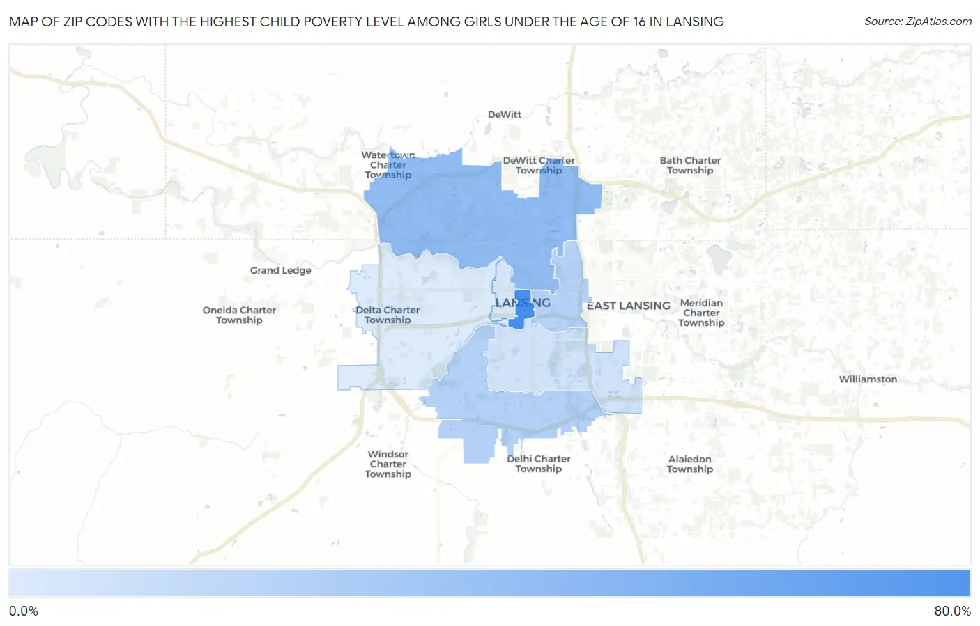 Zip Codes with the Highest Child Poverty Level Among Girls Under the Age of 16 in Lansing Map
