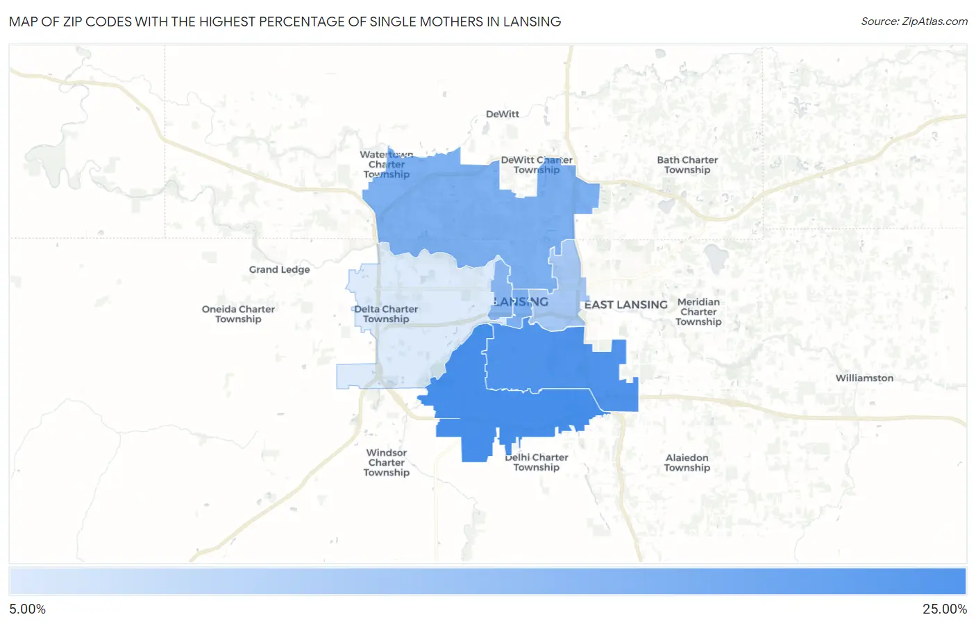Zip Codes with the Highest Percentage of Single Mothers in Lansing Map