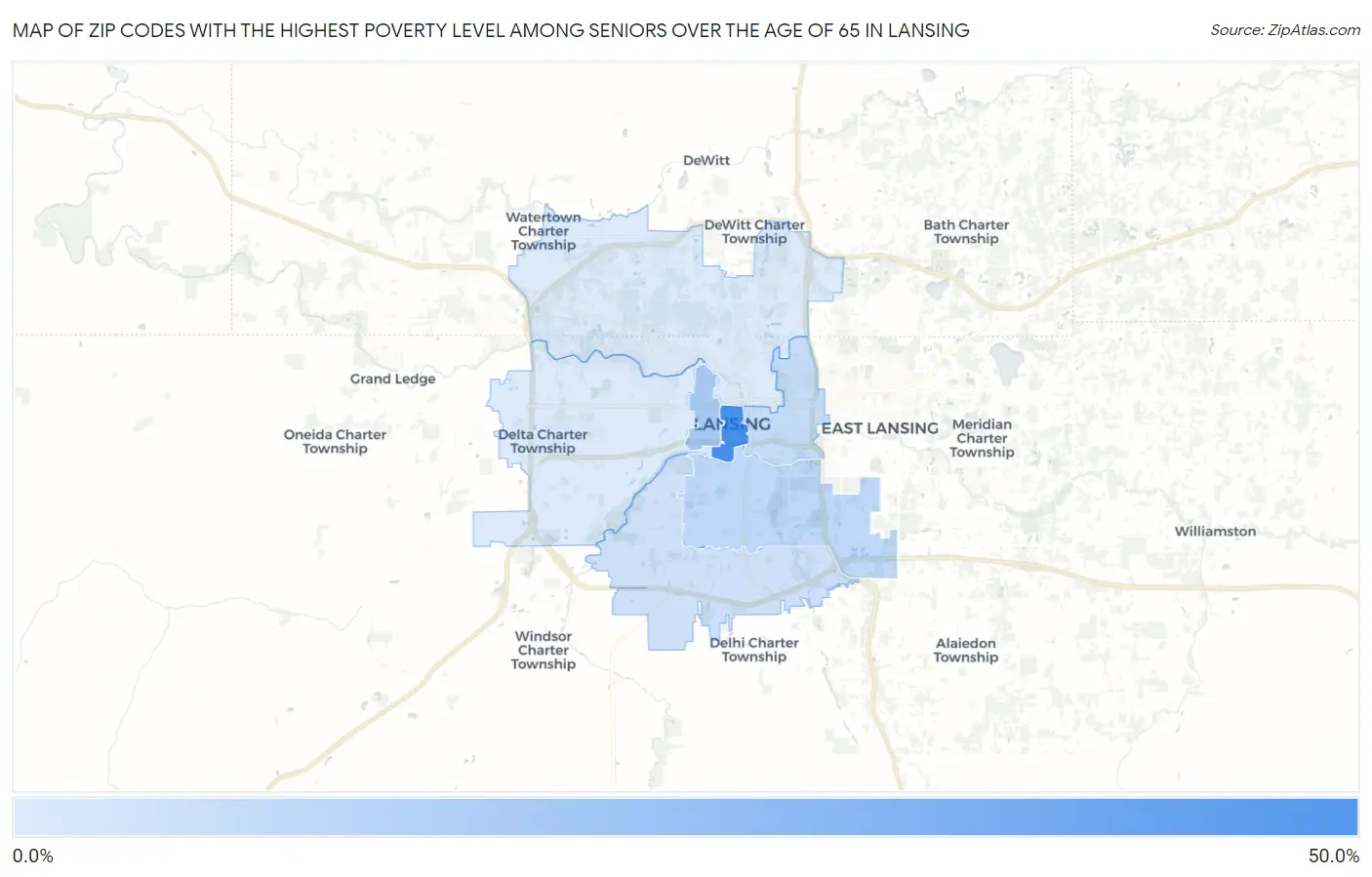 Zip Codes with the Highest Poverty Level Among Seniors Over the Age of 65 in Lansing Map