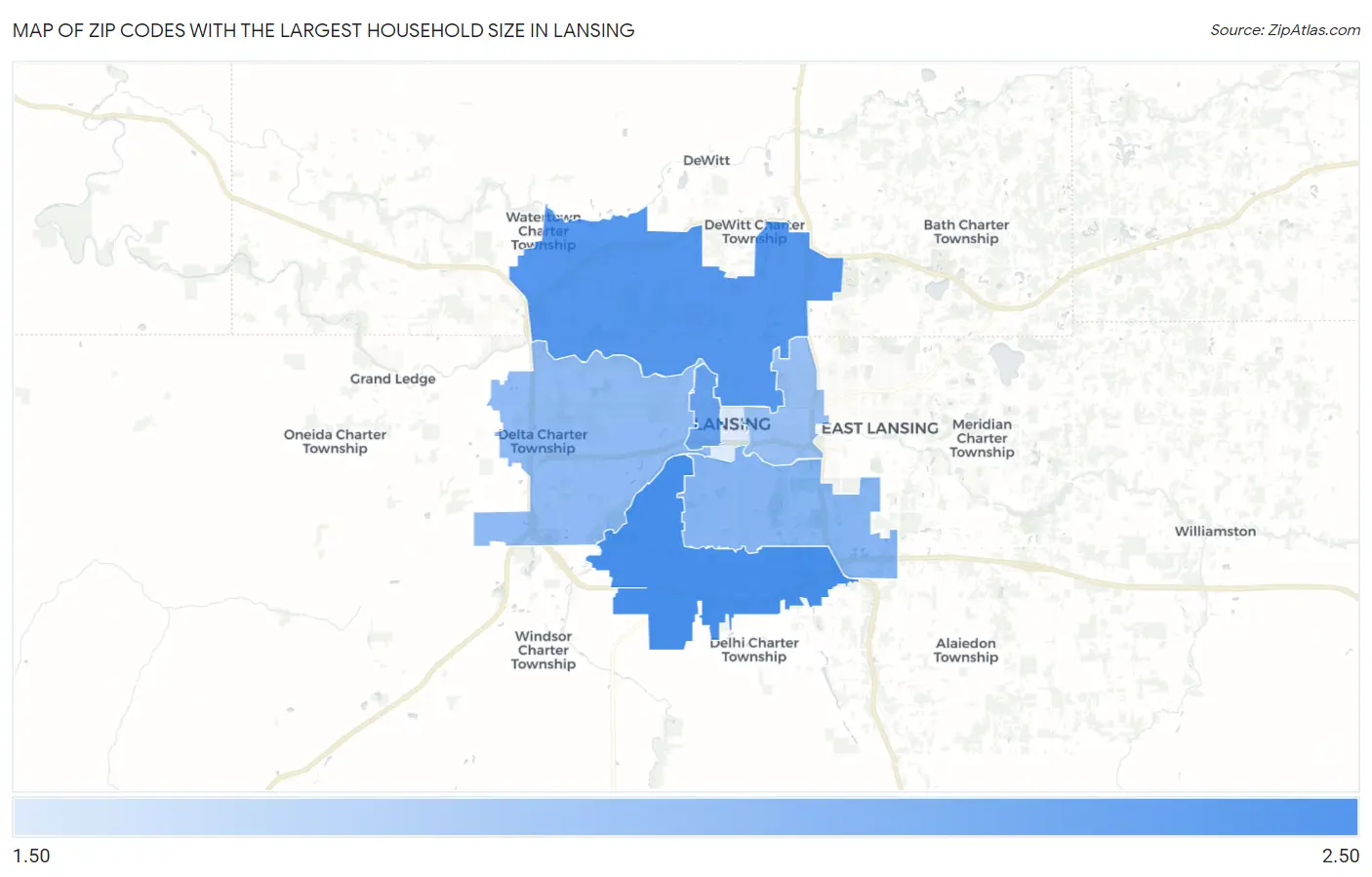 Zip Codes with the Largest Household Size in Lansing Map