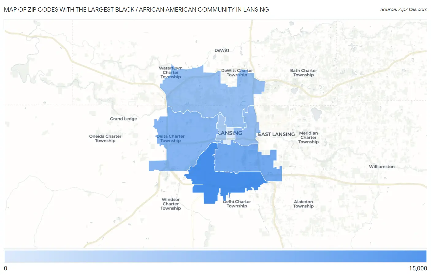 Zip Codes with the Largest Black / African American Community in Lansing Map