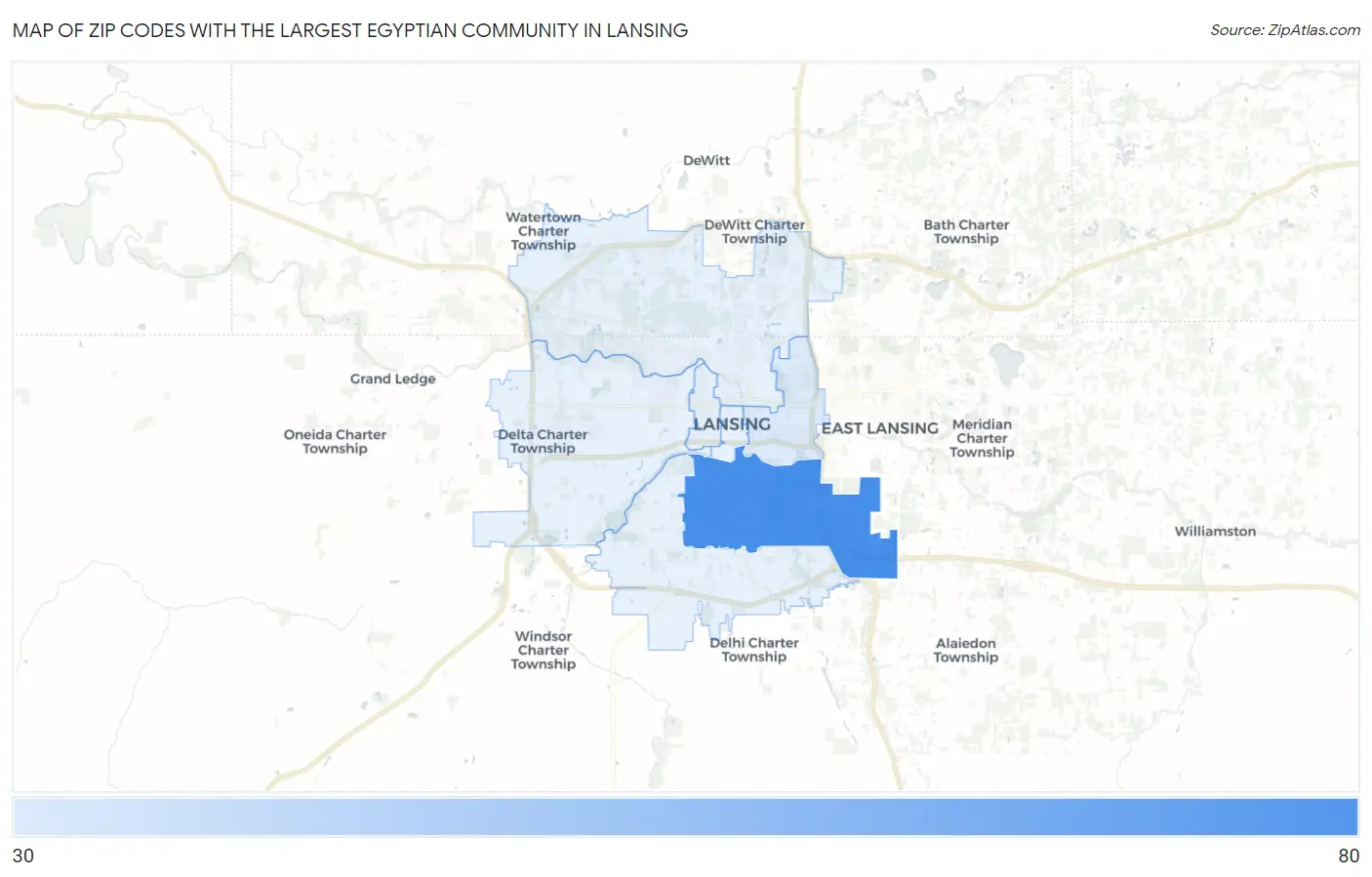 Zip Codes with the Largest Egyptian Community in Lansing Map