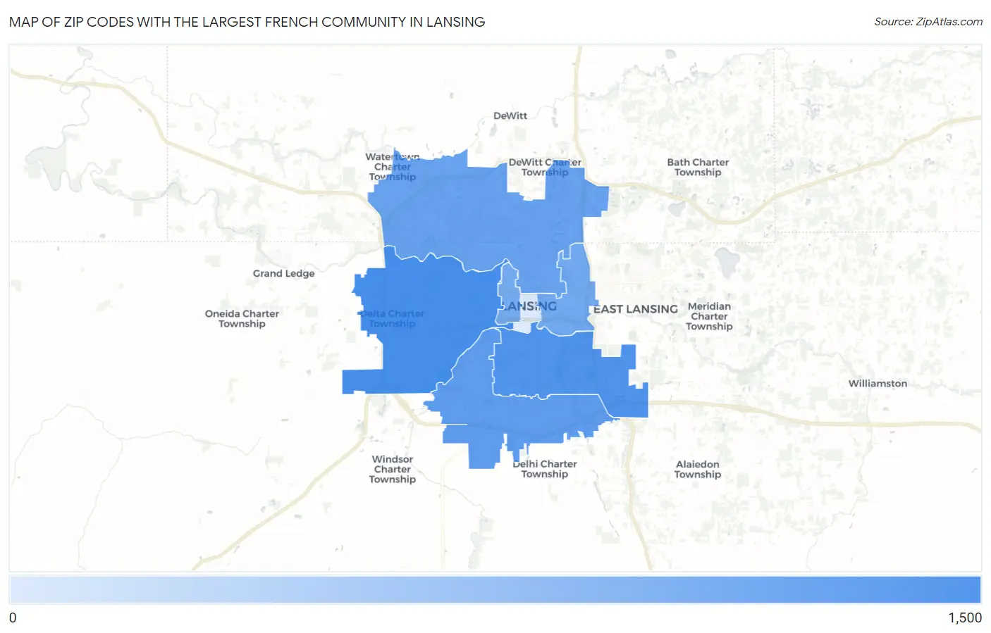 Zip Codes with the Largest French Community in Lansing Map