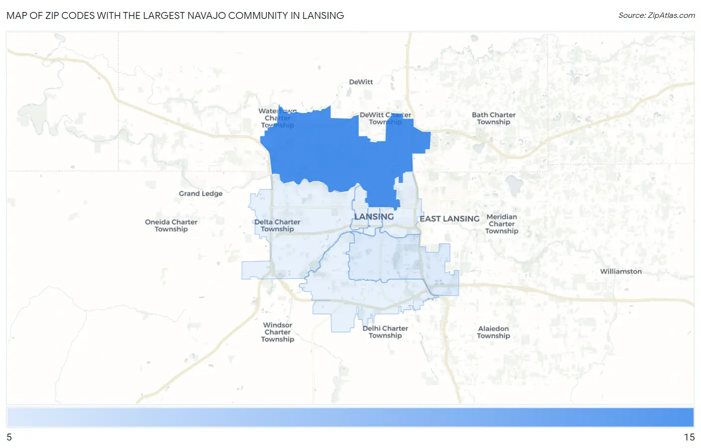 Zip Codes with the Largest Navajo Community in Lansing Map