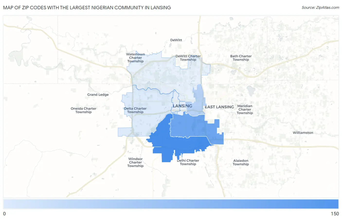 Zip Codes with the Largest Nigerian Community in Lansing Map