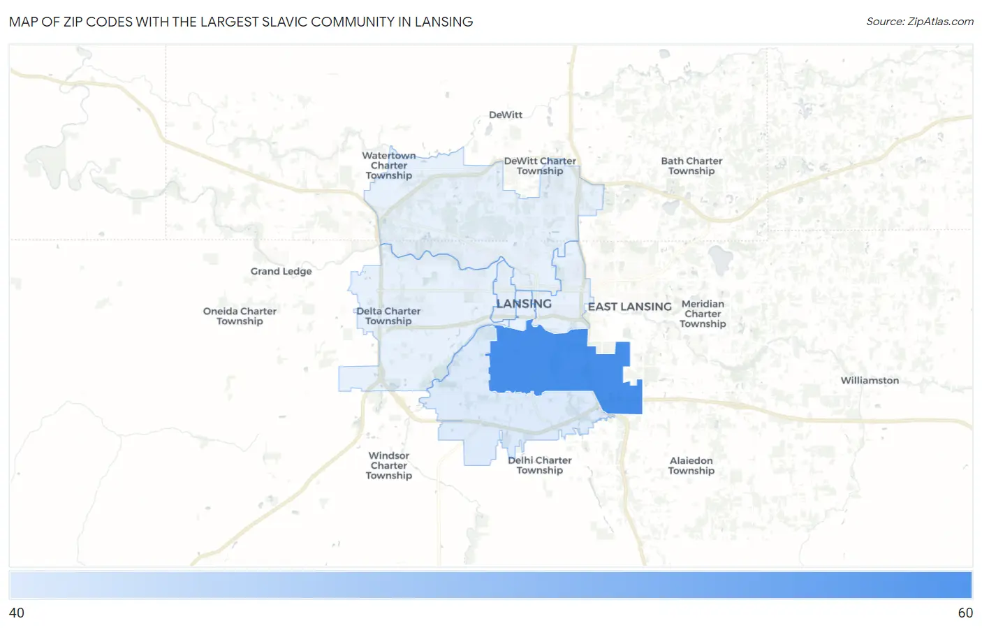 Zip Codes with the Largest Slavic Community in Lansing Map