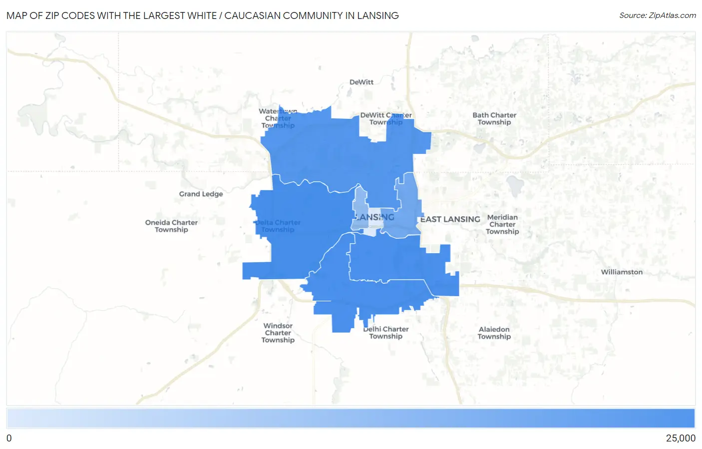 Zip Codes with the Largest White / Caucasian Community in Lansing Map