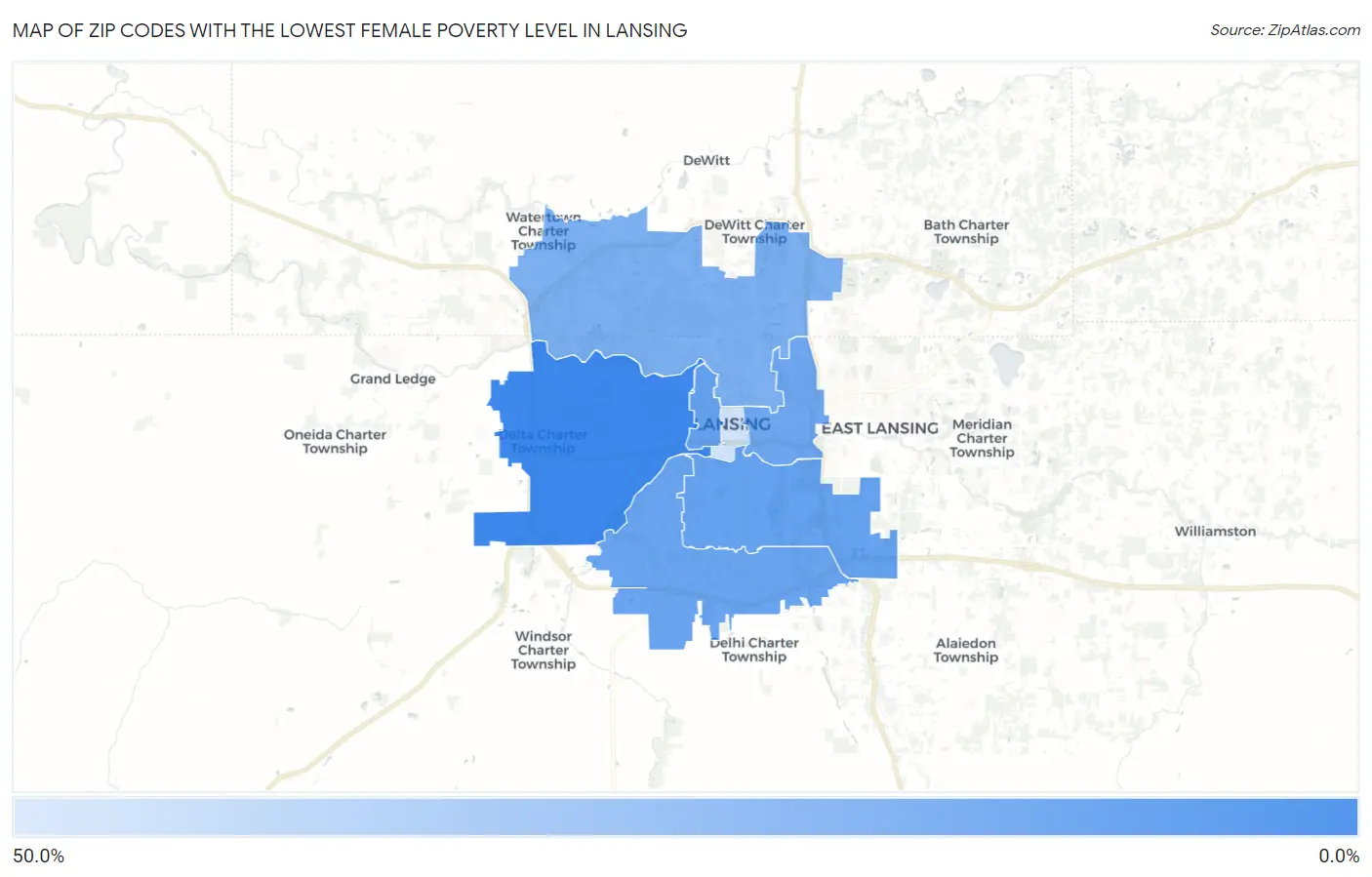 Zip Codes with the Lowest Female Poverty Level in Lansing Map