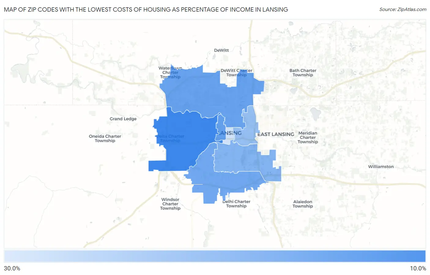 Zip Codes with the Lowest Costs of Housing as Percentage of Income in Lansing Map