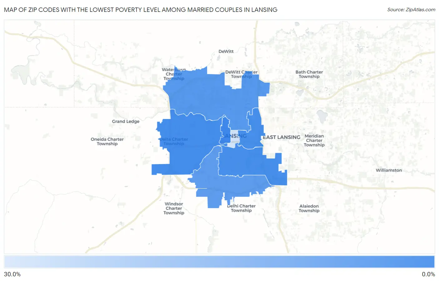 Zip Codes with the Lowest Poverty Level Among Married Couples in Lansing Map