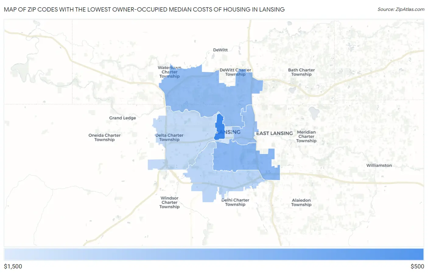 Zip Codes with the Lowest Owner-Occupied Median Costs of Housing in Lansing Map