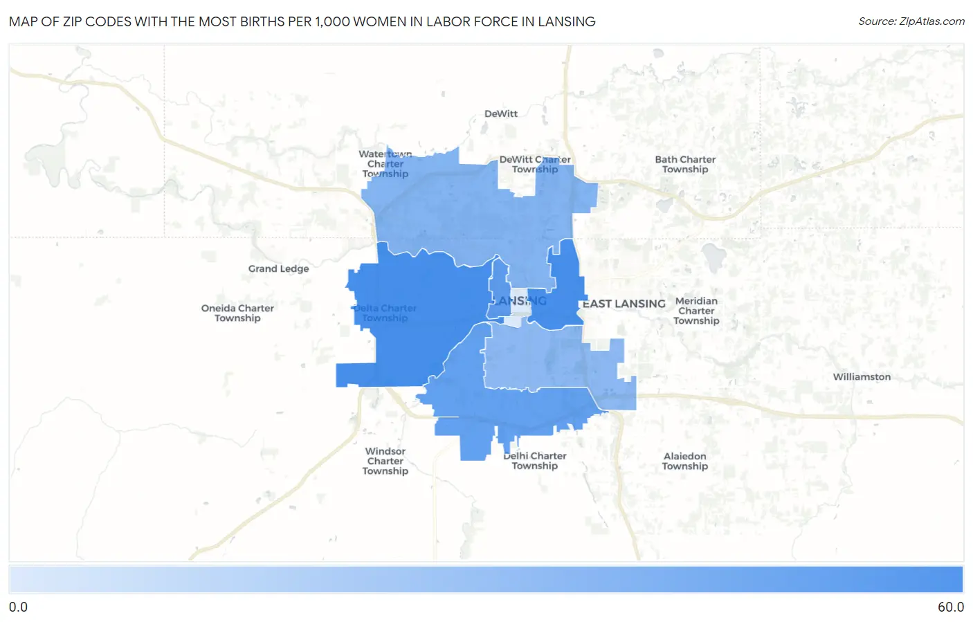 Zip Codes with the Most Births per 1,000 Women in Labor Force in Lansing Map