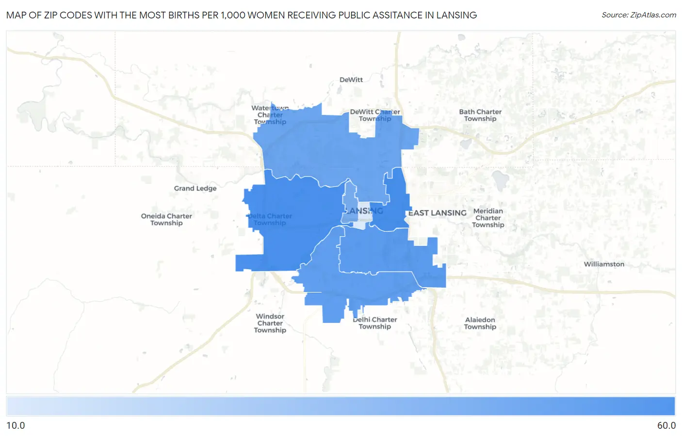 Zip Codes with the Most Births per 1,000 Women Receiving Public Assitance in Lansing Map